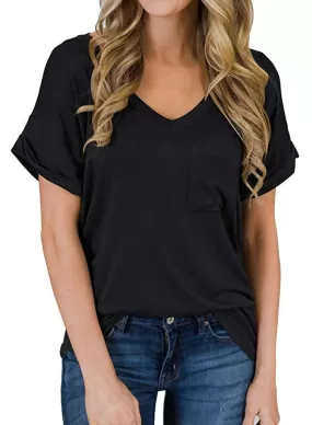 Haute Edition Women's Loose Relaxed Fit V-Neck Summer Top T-Shirt With Pocket